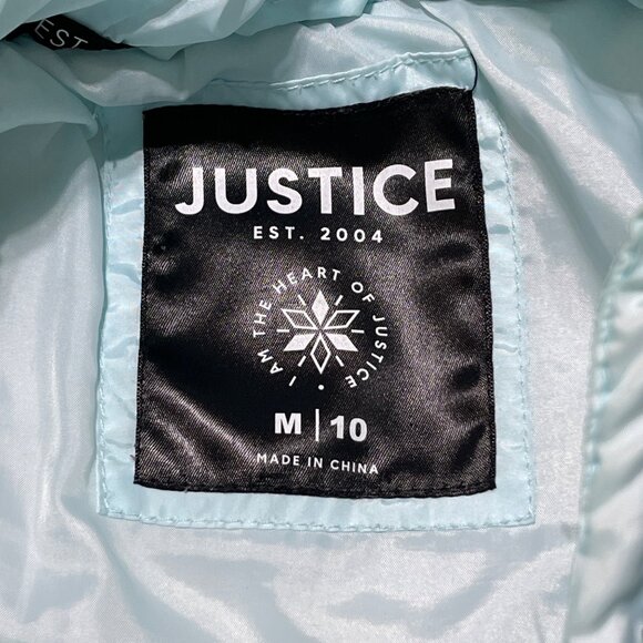Justice Girl's Puffer Coat Jacket Size 10 Medium Aqua Blue Hood Full Zip READ - Picture 5 of 8